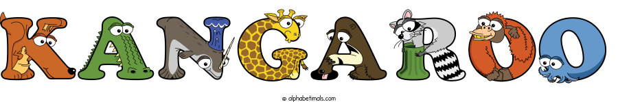 Kangaroo animal word art spelling Kangaroo with Alphabetimals - cartoon alphabet animals
