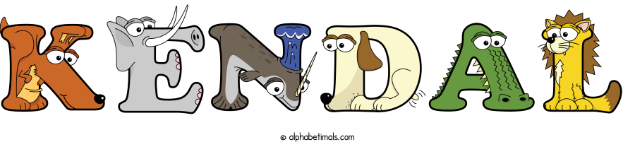 Kendal animal word art spelling Kendal with Alphabetimals - cartoon alphabet animals
