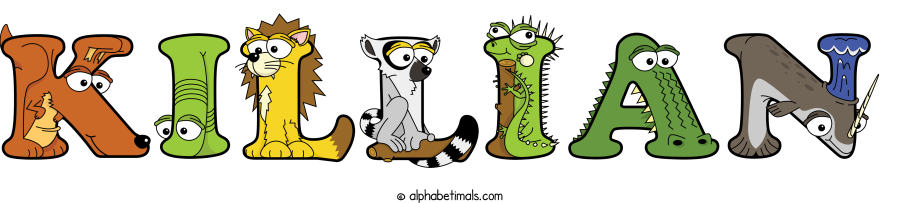 Killian animal word art spelling Killian with Alphabetimals - cartoon alphabet animals