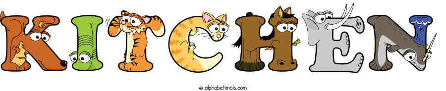 Kitchen animal word art spelling Kitchen with Alphabetimals - cartoon alphabet animals
