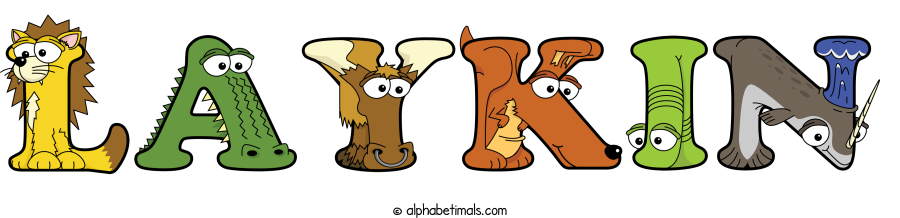 Laykin animal word art spelling Laykin with Alphabetimals - cartoon alphabet animals