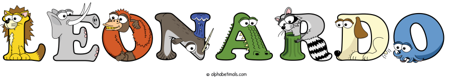 Leonardo animal word art spelling Leonardo with Alphabetimals - cartoon alphabet animals