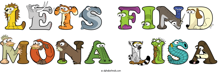 Lets Find Mona Lisa animal word art spelling Lets Find Mona Lisa with Alphabetimals - cartoon alphabet animals