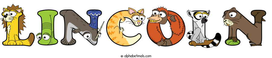 Lincoln animal word art spelling Lincoln with Alphabetimals - cartoon alphabet animals