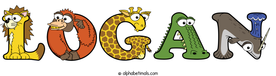 Logan animal word art spelling Logan with Alphabetimals - cartoon alphabet animals