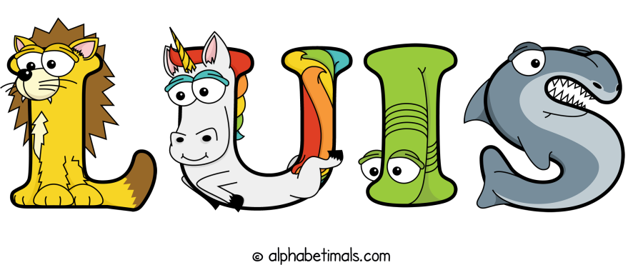 Luis animal word art spelling Luis with Alphabetimals - cartoon alphabet animals