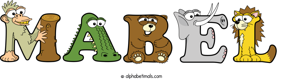 Mabel animal word art spelling Mabel with Alphabetimals - cartoon alphabet animals