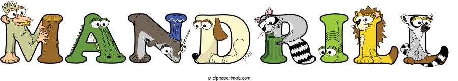 Mandrill animal word art spelling Mandrill with Alphabetimals - cartoon alphabet animals