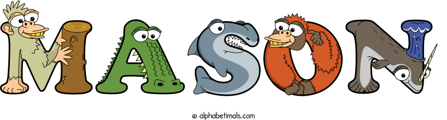 Mason animal word art spelling Mason with Alphabetimals - cartoon alphabet animals