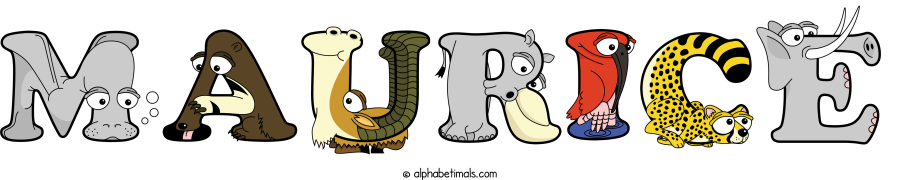 Maurice animal word art spelling Maurice with Alphabetimals - cartoon alphabet animals