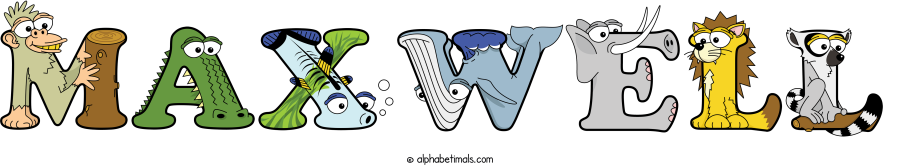 Maxwell animal word art spelling Maxwell with Alphabetimals - cartoon alphabet animals