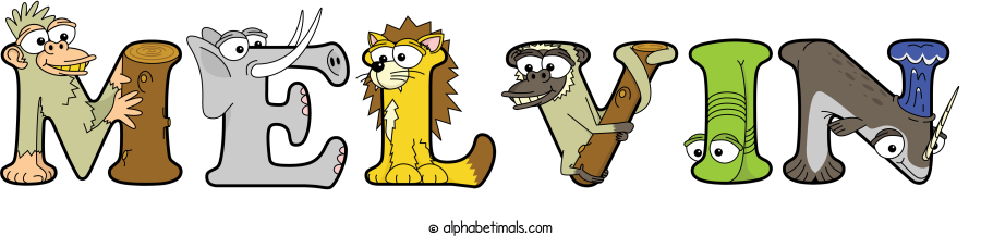 Melvin animal word art spelling Melvin with Alphabetimals - cartoon alphabet animals