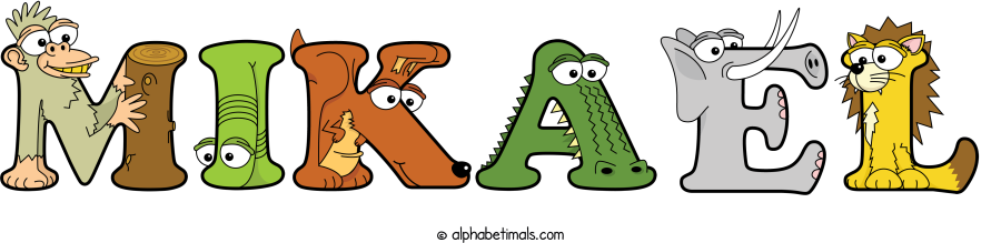 Mikael animal word art spelling Mikael with Alphabetimals - cartoon alphabet animals