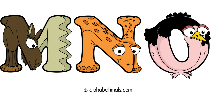 Mno animal word art spelling Mno with Alphabetimals - cartoon alphabet animals