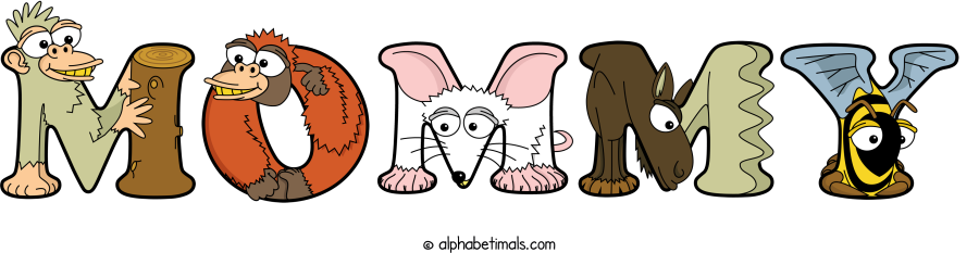 Mommy animal word art spelling Mommy with Alphabetimals - cartoon alphabet animals