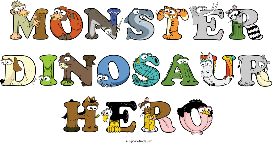 Monster Dinosaur Hero animal word art spelling Monster Dinosaur Hero with Alphabetimals - cartoon alphabet animals