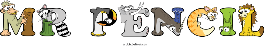 Mr Pencil animal word art spelling Mr Pencil with Alphabetimals - cartoon alphabet animals