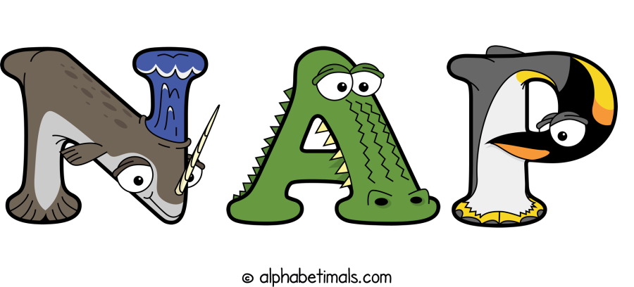 Nap animal word art spelling Nap with Alphabetimals - cartoon alphabet animals