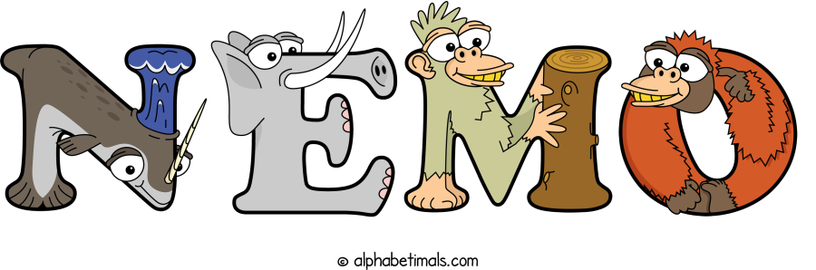 Nemo animal word art spelling Nemo with Alphabetimals - cartoon alphabet animals