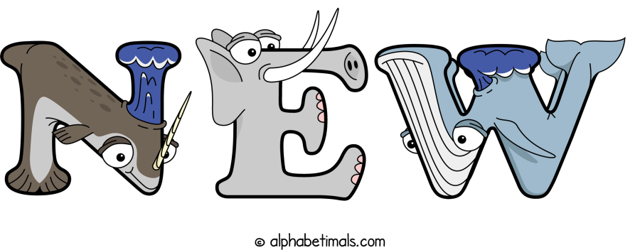 New animal word art spelling New with Alphabetimals - cartoon alphabet animals