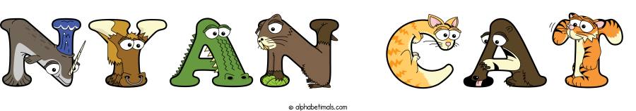 Nyan Cat animal word art spelling Nyan Cat with Alphabetimals - cartoon alphabet animals