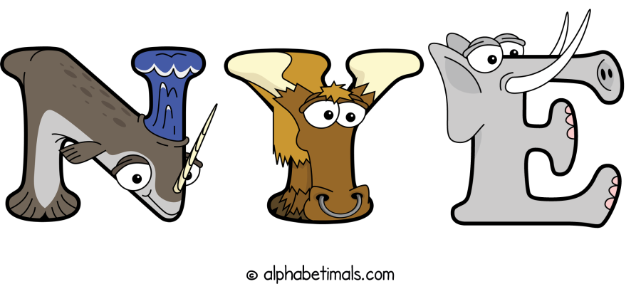 Nye animal word art spelling Nye with Alphabetimals - cartoon alphabet animals