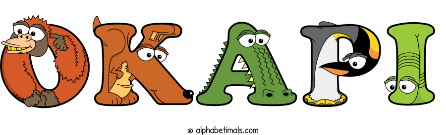 Okapi animal word art spelling Okapi with Alphabetimals - cartoon alphabet animals