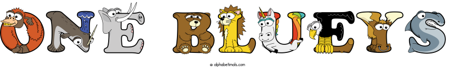 One Blueys animal word art spelling One Blueys with Alphabetimals - cartoon alphabet animals