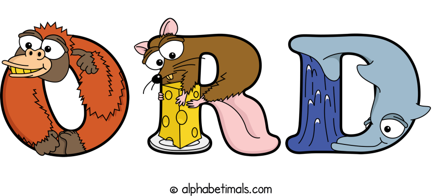 Ord animal word art spelling Ord with Alphabetimals - cartoon alphabet animals