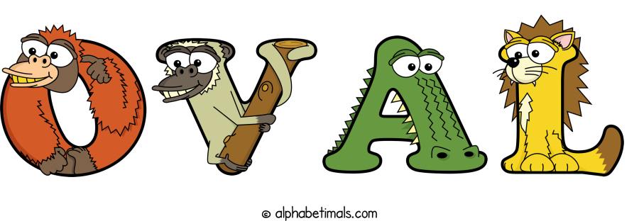 Oval animal word art spelling Oval with Alphabetimals - cartoon alphabet animals