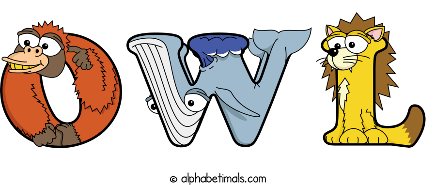 Owl animal word art spelling Owl with Alphabetimals - cartoon alphabet animals