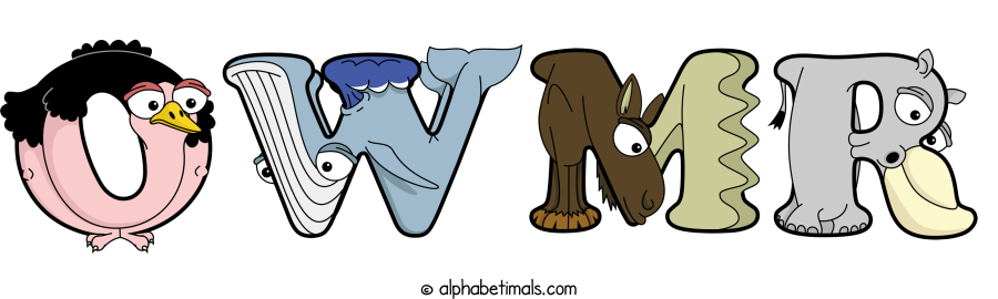 Owmr animal word art spelling Owmr with Alphabetimals - cartoon alphabet animals