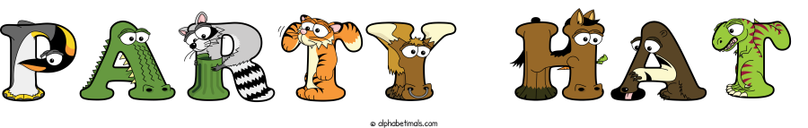 Party Hat animal word art spelling Party Hat with Alphabetimals - cartoon alphabet animals