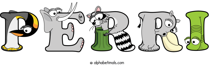 Perri animal word art spelling Perri with Alphabetimals - cartoon alphabet animals