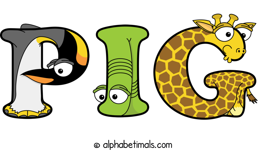 Pig animal word art spelling Pig with Alphabetimals - cartoon alphabet animals