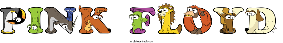 Pink Floyd animal word art spelling Pink Floyd with Alphabetimals - cartoon alphabet animals