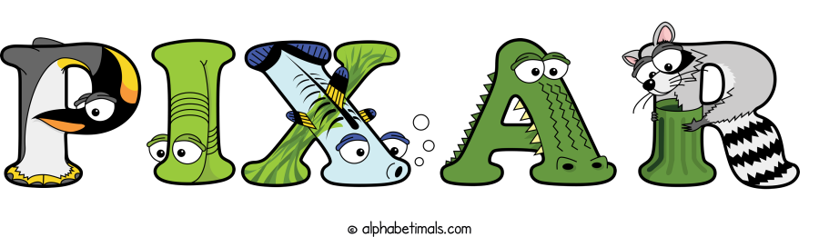 Pixar animal word art spelling Pixar with Alphabetimals - cartoon alphabet animals