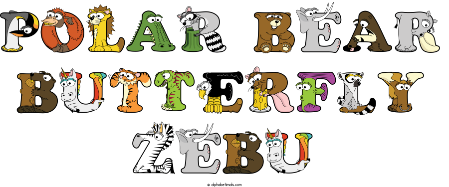 Polar Bear Butterfly Zebu animal word art spelling Polar Bear Butterfly Zebu with Alphabetimals - cartoon alphabet animals