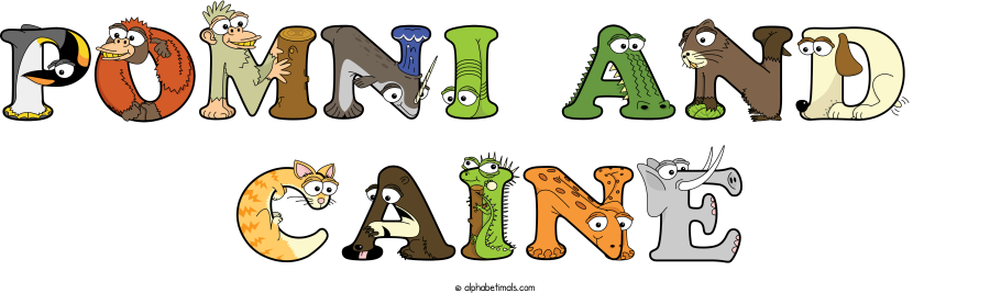 Pomni And  Caine animal word art spelling Pomni And  Caine with Alphabetimals - cartoon alphabet animals