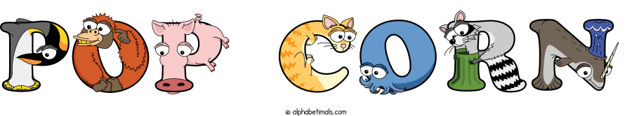 Pop Corn animal word art spelling Pop Corn with Alphabetimals - cartoon alphabet animals