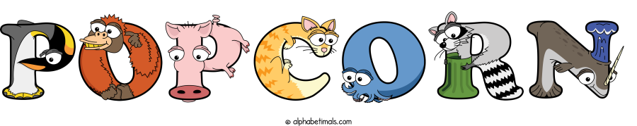 Popcorn animal word art spelling Popcorn with Alphabetimals - cartoon alphabet animals