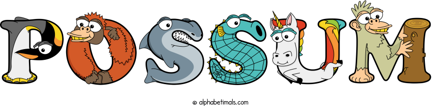 Possum animal word art spelling Possum with Alphabetimals - cartoon alphabet animals