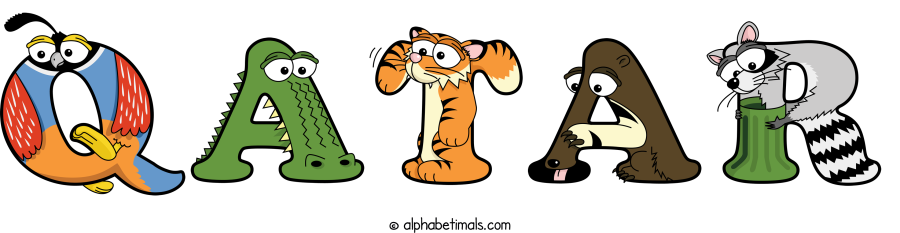 Qatar animal word art spelling Qatar with Alphabetimals - cartoon alphabet animals