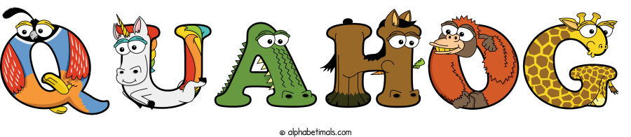 Quahog animal word art spelling Quahog with Alphabetimals - cartoon alphabet animals