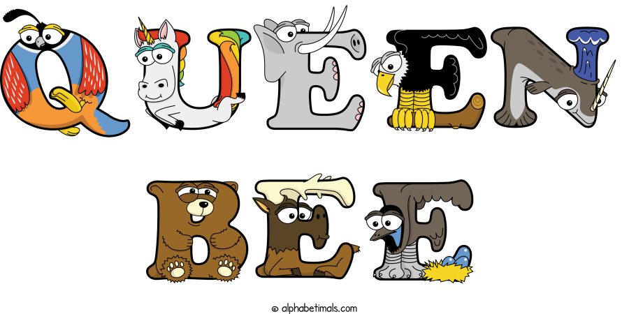 Queen-bee animal word art spelling Queen-bee with Alphabetimals - cartoon alphabet animals