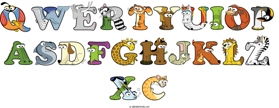 Qwertyuiop Asdfghjklz Xc animal word art spelling Qwertyuiop Asdfghjklz Xc with Alphabetimals - cartoon alphabet animals