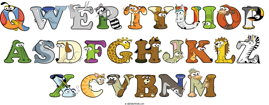 Qwertyuiop Asdfghjklz Xcvbnm animal word art spelling Qwertyuiop Asdfghjklz Xcvbnm with Alphabetimals - cartoon alphabet animals
