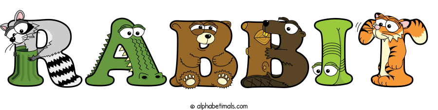 Rabbit animal word art spelling Rabbit with Alphabetimals - cartoon alphabet animals