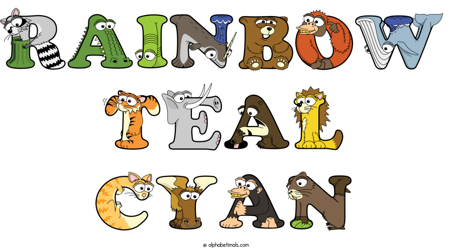 Rainbow Teal Cyan animal word art spelling Rainbow Teal Cyan with Alphabetimals - cartoon alphabet animals