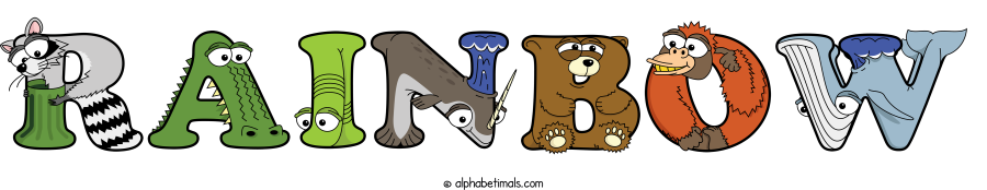 Rainbow animal word art spelling Rainbow with Alphabetimals - cartoon alphabet animals